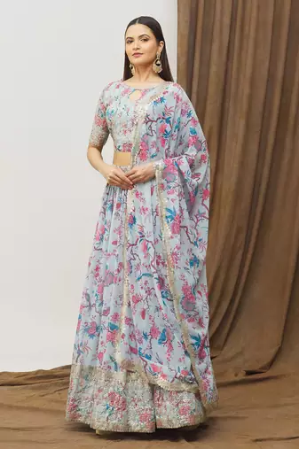 Digital Print Georget Multi Sequnce Work Lehenga Choli With Unstitched Blouse and Stitched print Dupatta For Women
