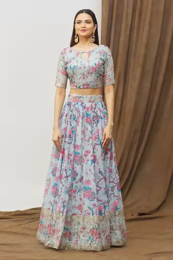 Digital Print Georget Multi Sequnce Work Lehenga Choli With Unstitched Blouse and Stitched print Dupatta For Women