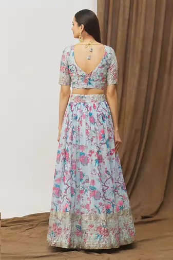 Digital Print Georget Multi Sequnce Work Lehenga Choli With Unstitched Blouse and Stitched print Dupatta For Women