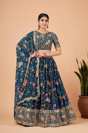 Digital Print Georget Multi Sequnce Work Lehenga Choli With Unstitched Blouse and Stitched print Dupatta For Women