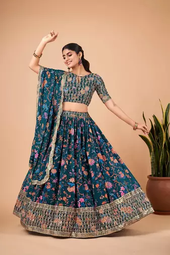 Digital Print Georget Multi Sequnce Work Lehenga Choli With Unstitched Blouse and Stitched print Dupatta For Women