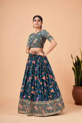 Digital Print Georget Multi Sequnce Work Lehenga Choli With Unstitched Blouse and Stitched print Dupatta For Women 3