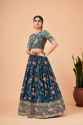 Digital Print Georget Multi Sequnce Work Lehenga Choli With Unstitched Blouse and Stitched print Dupatta For Women
