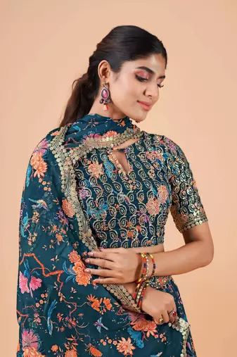 Digital Print Georget Multi Sequnce Work Lehenga Choli With Unstitched Blouse and Stitched print Dupatta For Women