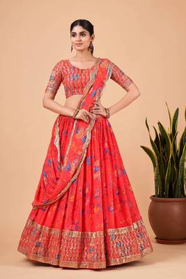 Digital Print Georget Multi Sequnce Work Lehenga Choli With Unstitched Blouse and Stitched print Dupatta For Women 1