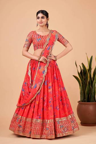 Digital Print Georget Multi Sequnce Work Lehenga Choli With Unstitched Blouse and Stitched print Dupatta For Women