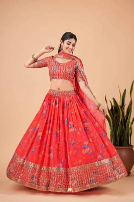 Digital Print Georget Multi Sequnce Work Lehenga Choli With Unstitched Blouse and Stitched print Dupatta For Women 2