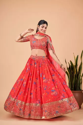 Digital Print Georget Multi Sequnce Work Lehenga Choli With Unstitched Blouse and Stitched print Dupatta For Women