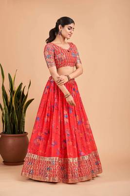 Digital Print Georget Multi Sequnce Work Lehenga Choli With Unstitched Blouse and Stitched print Dupatta For Women 3