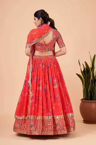 Digital Print Georget Multi Sequnce Work Lehenga Choli With Unstitched Blouse and Stitched print Dupatta For Women