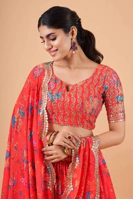 Digital Print Georget Multi Sequnce Work Lehenga Choli With Unstitched Blouse and Stitched print Dupatta For Women 5