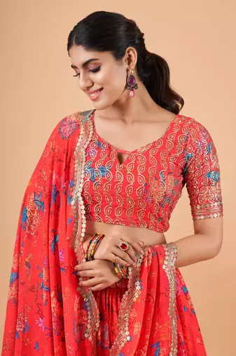 Digital Print Georget Multi Sequnce Work Lehenga Choli With Unstitched Blouse and Stitched print Dupatta For Women