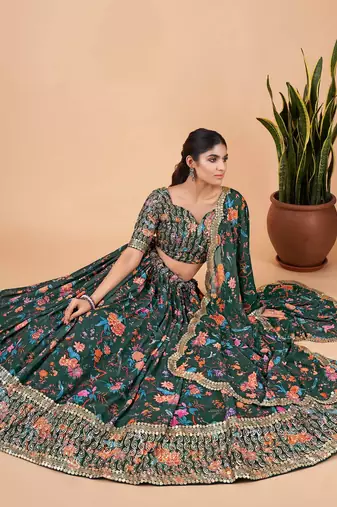 Digital Print Georget Multi Sequnce Work Lehenga Choli With Unstitched Blouse and Stitched print Dupatta For Women