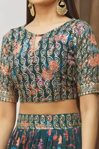 Digital Print Georget Multi Sequnce Work Lehenga Choli With Unstitched Blouse and Stitched print Dupatta For Women