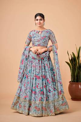 Digital Print Georget Multi Sequnce Work Lehenga Choli With Unstitched Blouse and Stitched print Dupatta For Women 1