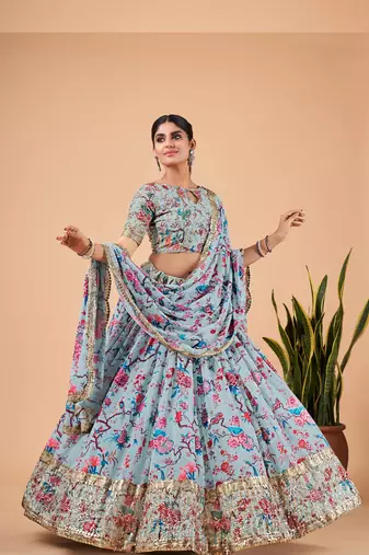Digital Print Georget Multi Sequnce Work Lehenga Choli With Unstitched Blouse and Stitched print Dupatta For Women