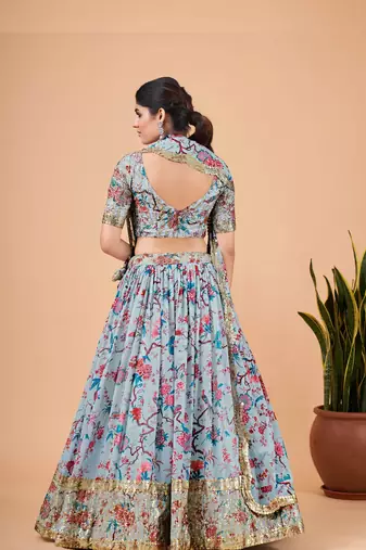 Digital Print Georget Multi Sequnce Work Lehenga Choli With Unstitched Blouse and Stitched print Dupatta For Women