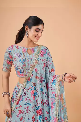 Digital Print Georget Multi Sequnce Work Lehenga Choli With Unstitched Blouse and Stitched print Dupatta For Women
