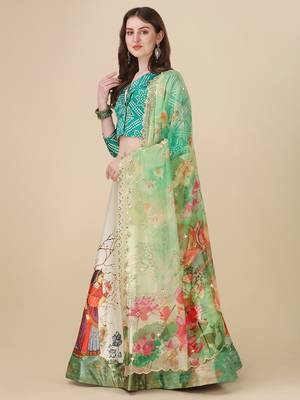 Digital Print Satin SemiStitched Lehenga Choli With Unstitched Blouse and Sequnce Work Orgenza Dupatta For Women 1