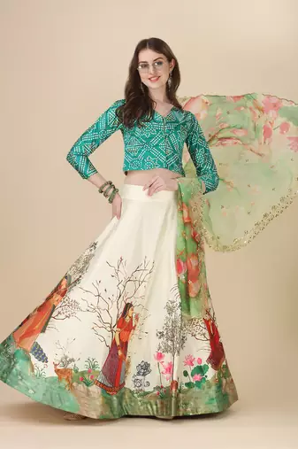 Digital Print Satin SemiStitched Lehenga Choli With Unstitched Blouse and Sequnce Work Orgenza Dupatta For Women