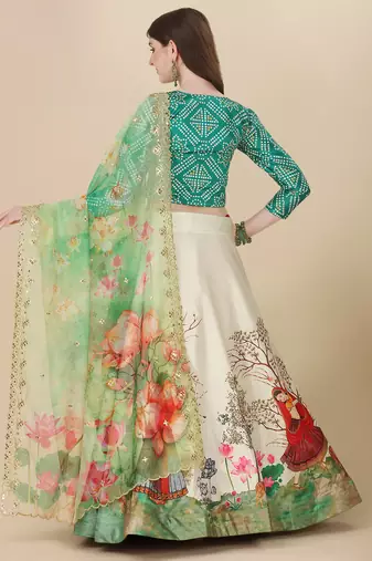 Digital Print Satin SemiStitched Lehenga Choli With Unstitched Blouse and Sequnce Work Orgenza Dupatta For Women