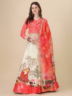 Digital Print  Satin SemiStitched Lehenga Choli With Unstitched Blouse and Sequnce Work Orgenza Dupatta For Women 1