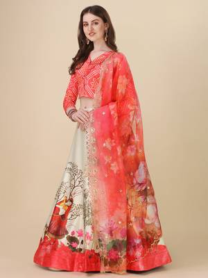 Digital Print  Satin SemiStitched Lehenga Choli With Unstitched Blouse and Sequnce Work Orgenza Dupatta For Women 2