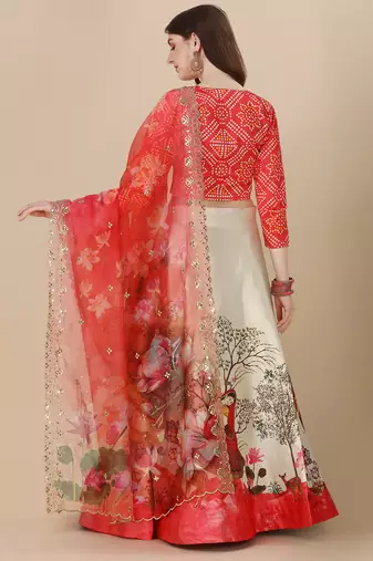Digital Print  Satin SemiStitched Lehenga Choli With Unstitched Blouse and Sequnce Work Orgenza Dupatta For Women