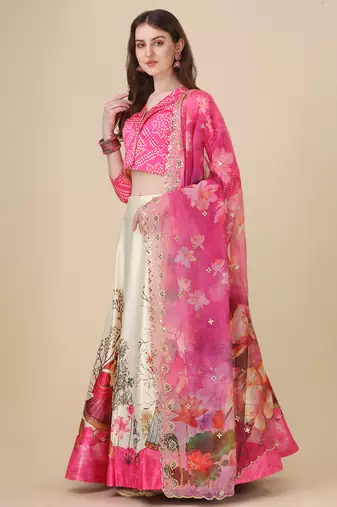Digital Print Satin SemiStitched Lehenga Choli With Unstitched Blouse and Sequnce Work Orgenza Dupatta For Women