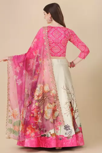 Digital Print Satin SemiStitched Lehenga Choli With Unstitched Blouse and Sequnce Work Orgenza Dupatta For Women