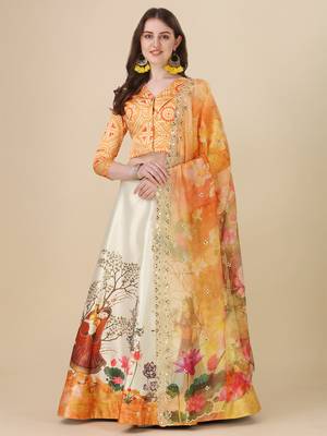 Digital Print Satin SemiStitched Lehenga Choli With Unstitched Blouse and Sequnce Work Orgenza Dupatta For Women 1