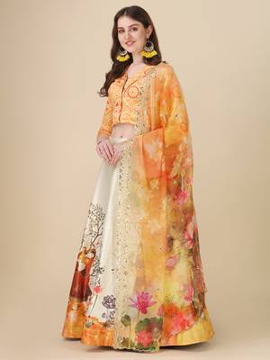 Digital Print Satin SemiStitched Lehenga Choli With Unstitched Blouse and Sequnce Work Orgenza Dupatta For Women 2