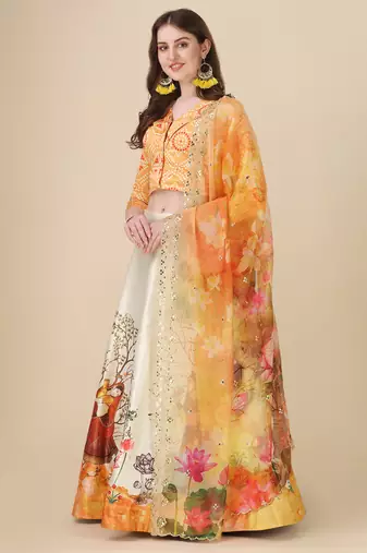 Digital Print Satin SemiStitched Lehenga Choli With Unstitched Blouse and Sequnce Work Orgenza Dupatta For Women