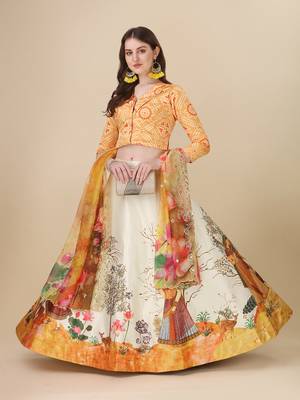Digital Print Satin SemiStitched Lehenga Choli With Unstitched Blouse and Sequnce Work Orgenza Dupatta For Women 3