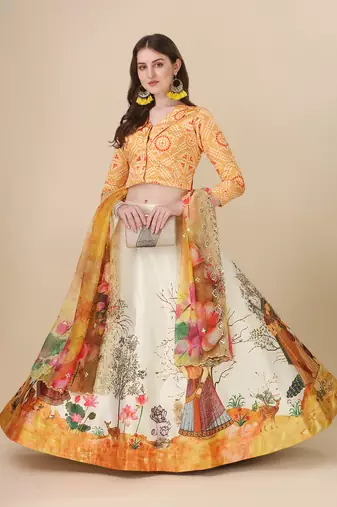 Digital Print Satin SemiStitched Lehenga Choli With Unstitched Blouse and Sequnce Work Orgenza Dupatta For Women