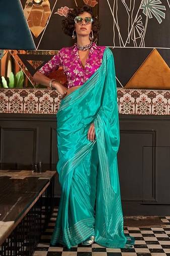Teal Silk Weaving Viscose Zari Weaving Rich Pallu Saree With Blouse For Women