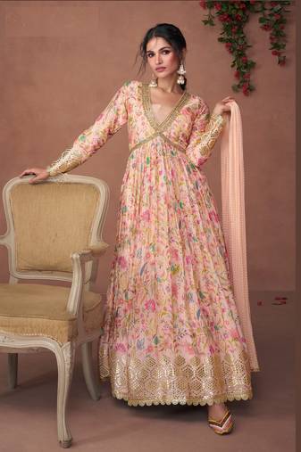 Peach embroidered organza anarkali salwar suit