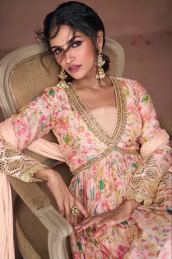 Peach embroidered organza anarkali salwar suit