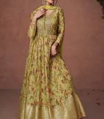 Mustard embroidered organza anarkali salwar suit