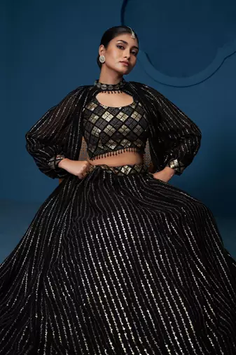 Black Georgette Sequins Work Crop Top lehenga choli for women