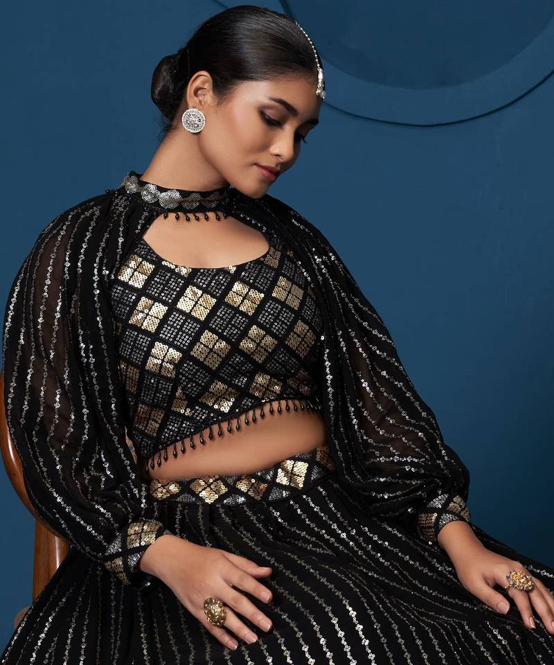 Black Georgette Sequins Crop Lehenga Choli for Women