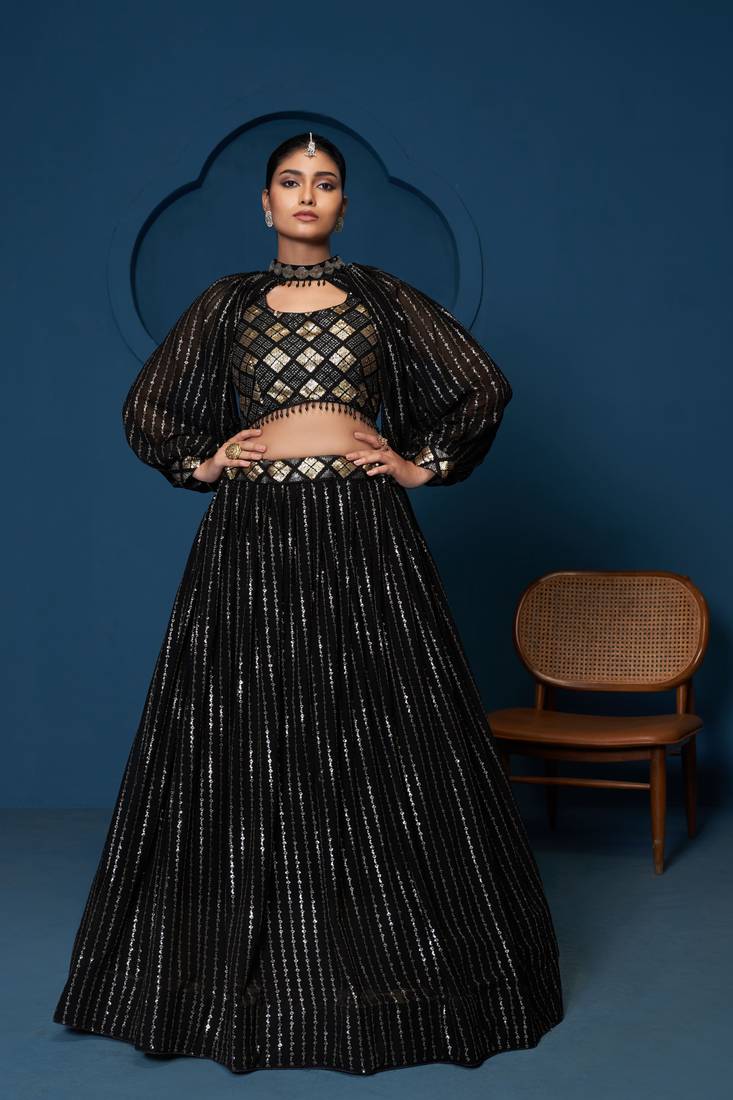 Black Georgette Sequins Work Crop Top lehenga choli for women