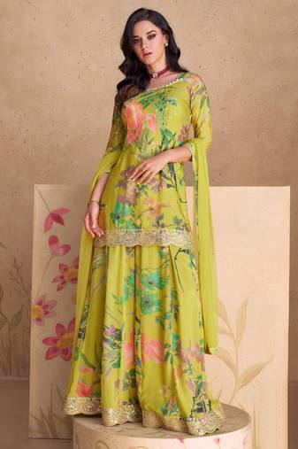 Digital printed chinon silk pakistani suit in Lime green