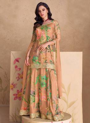 Digital printed chinon silk pakistani suit in peach 1
