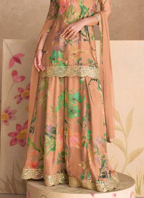 Digital printed chinon silk pakistani suit in peach 2