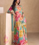 Digital printed chinon silk pakistani suit in multicolor
