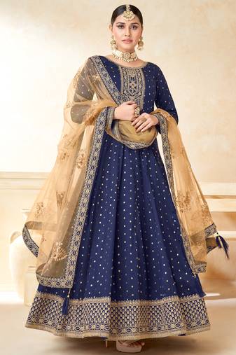 Designer navy blue tafeta silk embroidery anarkali suit