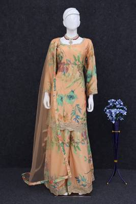 Digital printed chinon silk pakistani suit in peach 4