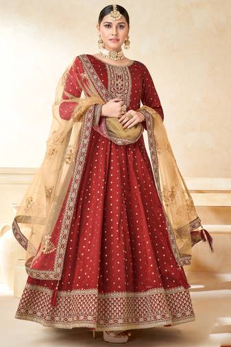 Designer red tafeta silk embroidery anarkali suit