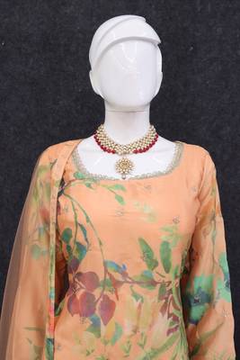 Digital printed chinon silk pakistani suit in peach 5